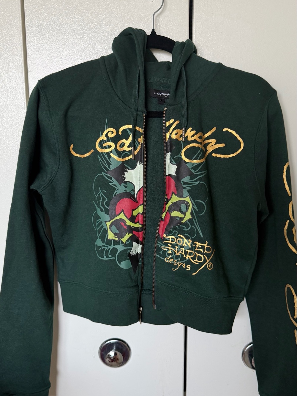 Ed Hardy Dark Green Zip-Up Hoodie with Graphic Chest Print